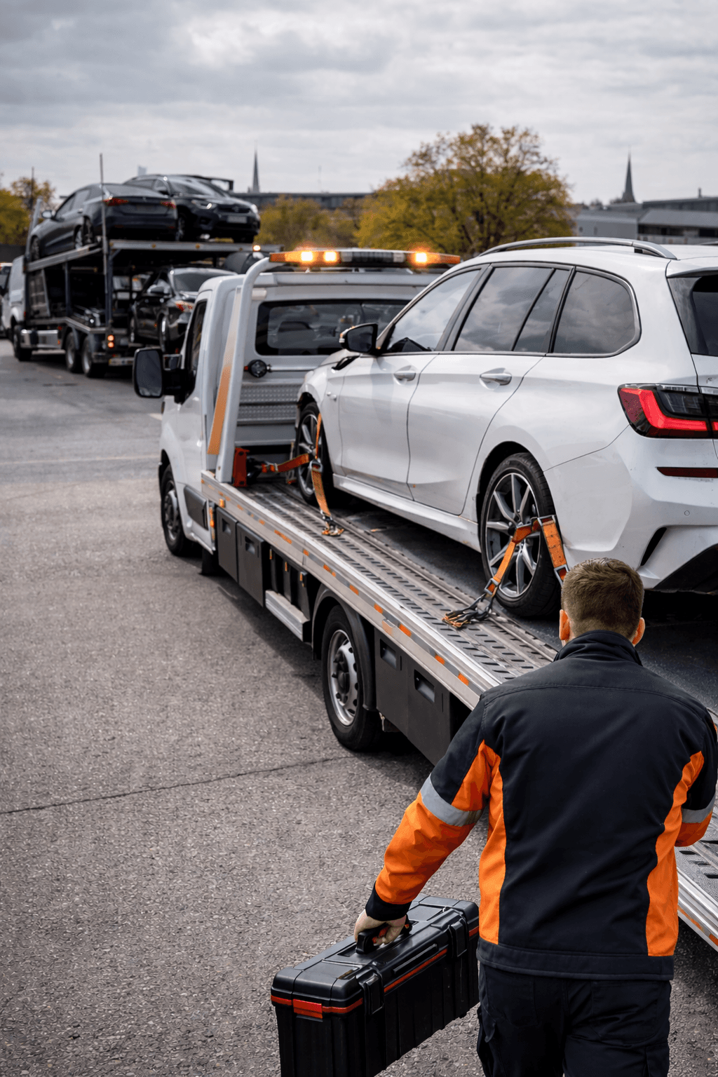 Fahrzeugtransport – Auto auf Abschleppwagen gesichert. AllCar Service & Solution in Witten.
